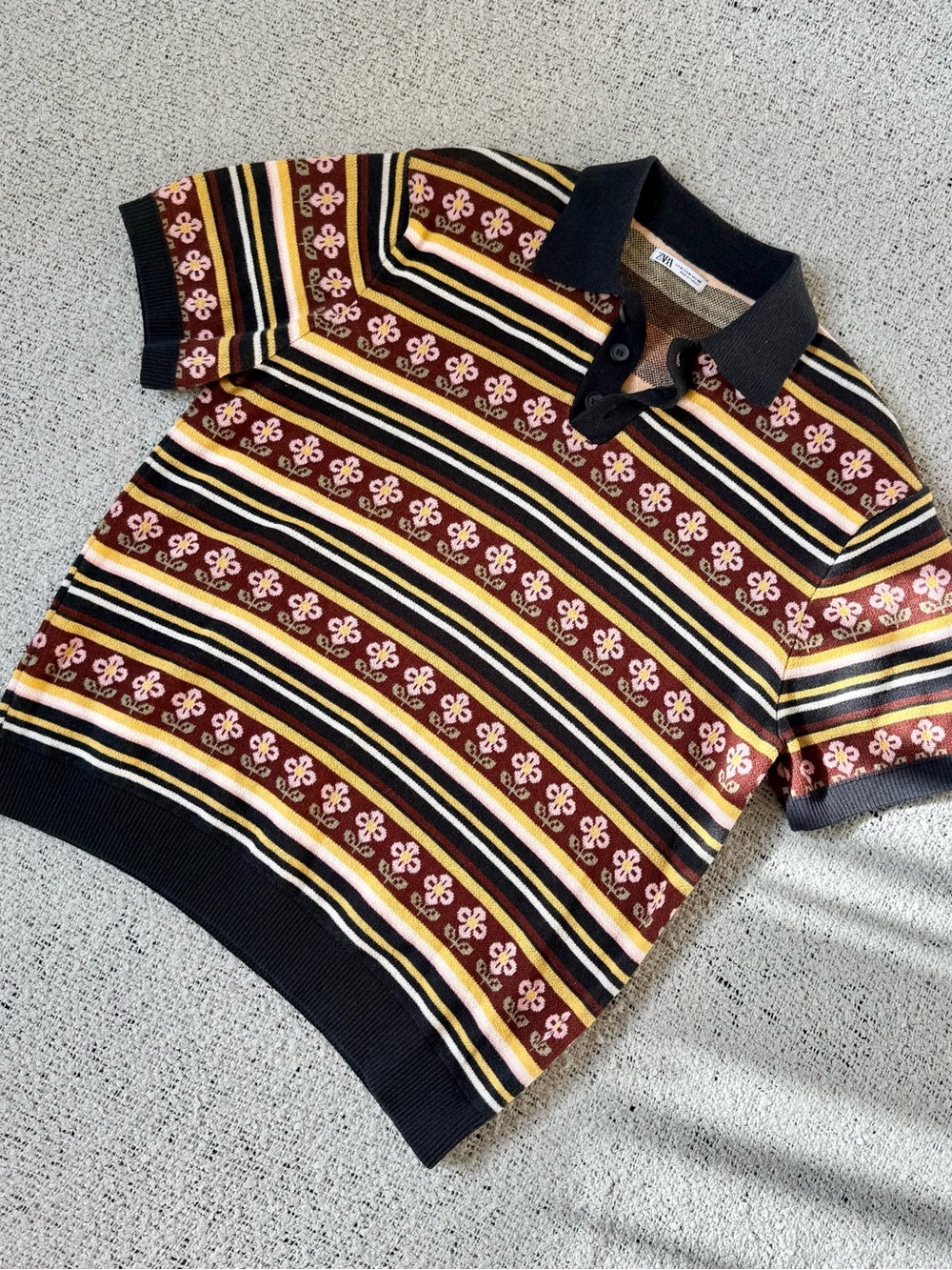 Zara Striped Floral Knit Polo Cotton Blend Size M